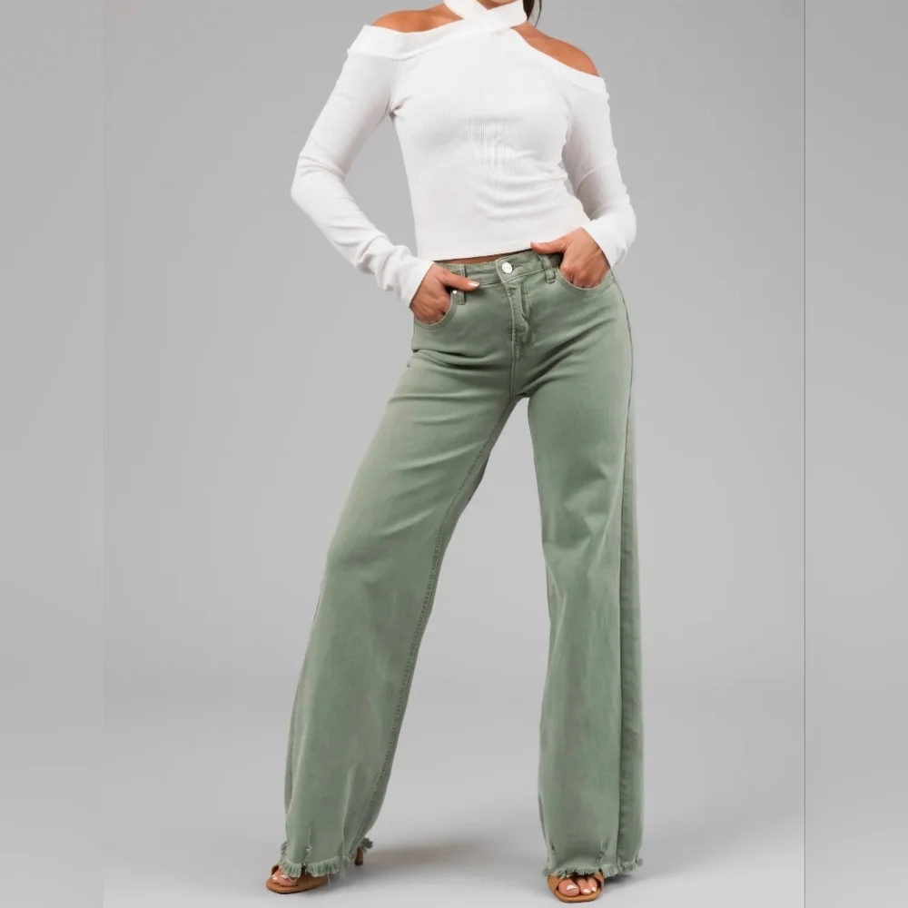 RISEN High Rise Wide Leg Olive Denim Jeans Classic Frayed Hem Size 1/25 NEW - Picture 12 of 15
